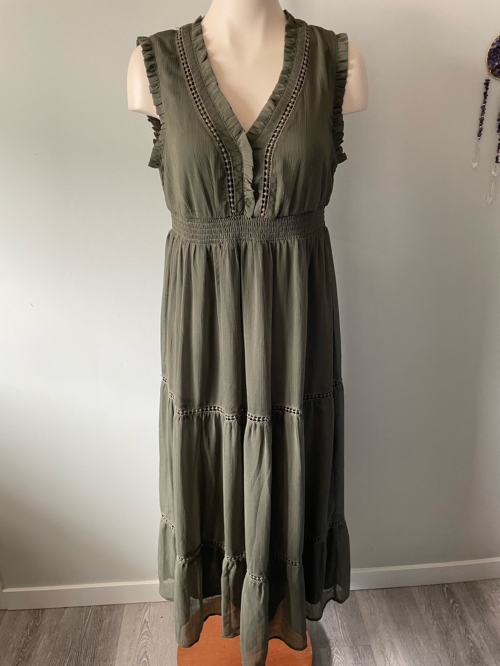 Christina B Boho Ruffled Cottagecore Dress Tiered Olive Green Crinkle Crepe